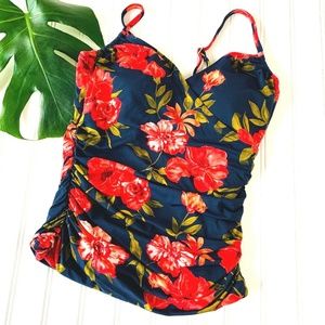 Garnet Hill Tankini Sz 4 Halter Red Floral on Blue